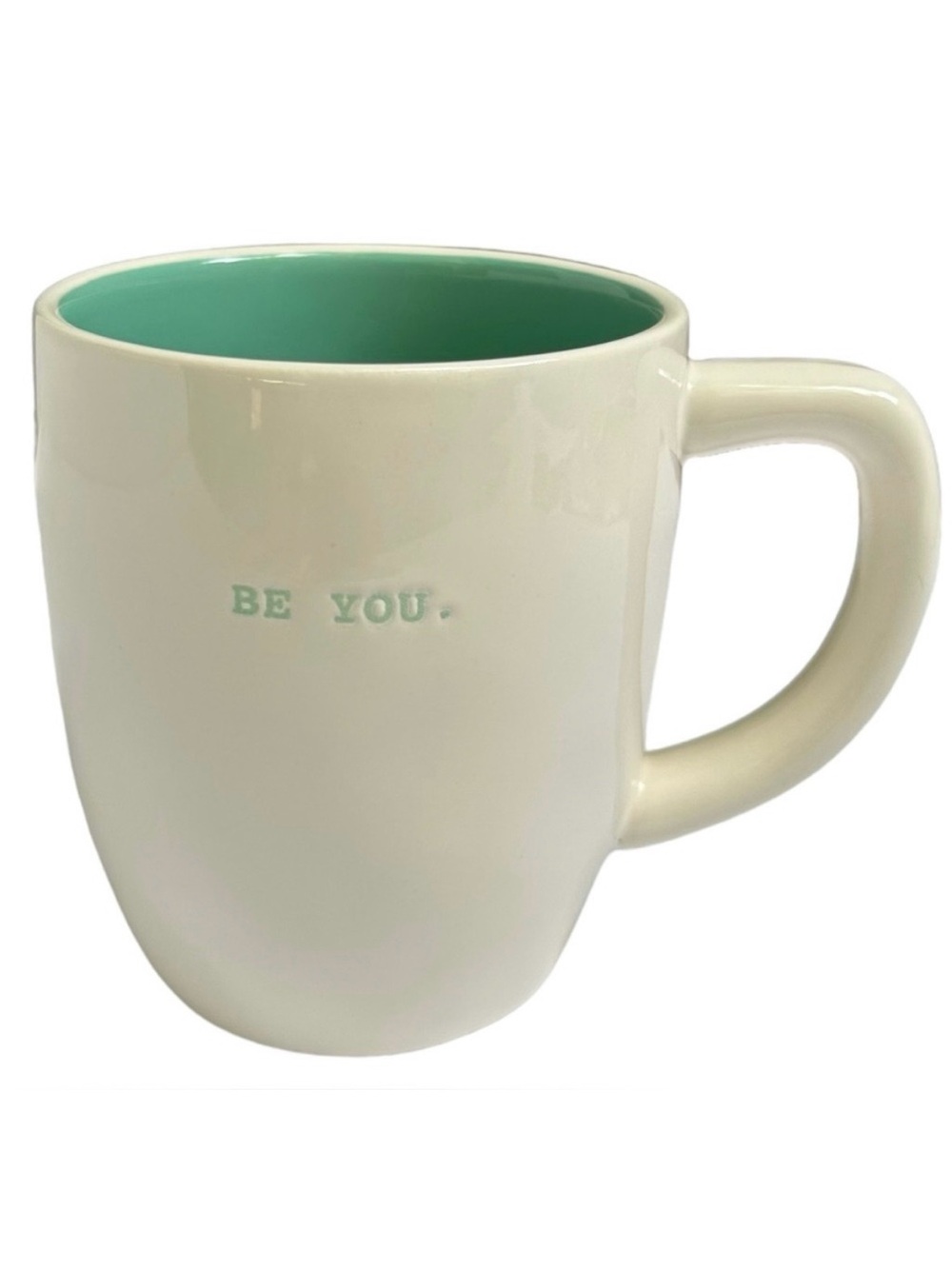 Rae Dunn BE YOU Mug Coffee Tea White with Teal Letters and Interior Dimples 2017